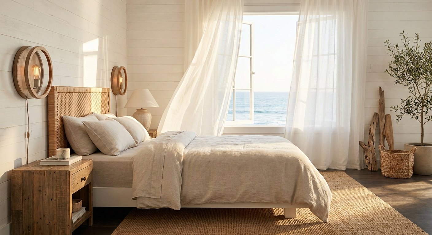 White ceiling fan with a light in a bright coastal bedroom