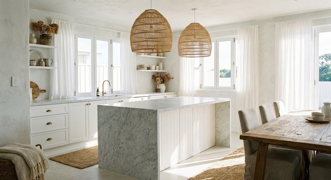 Woven rattan pendant lights hanging over a white kitchen island